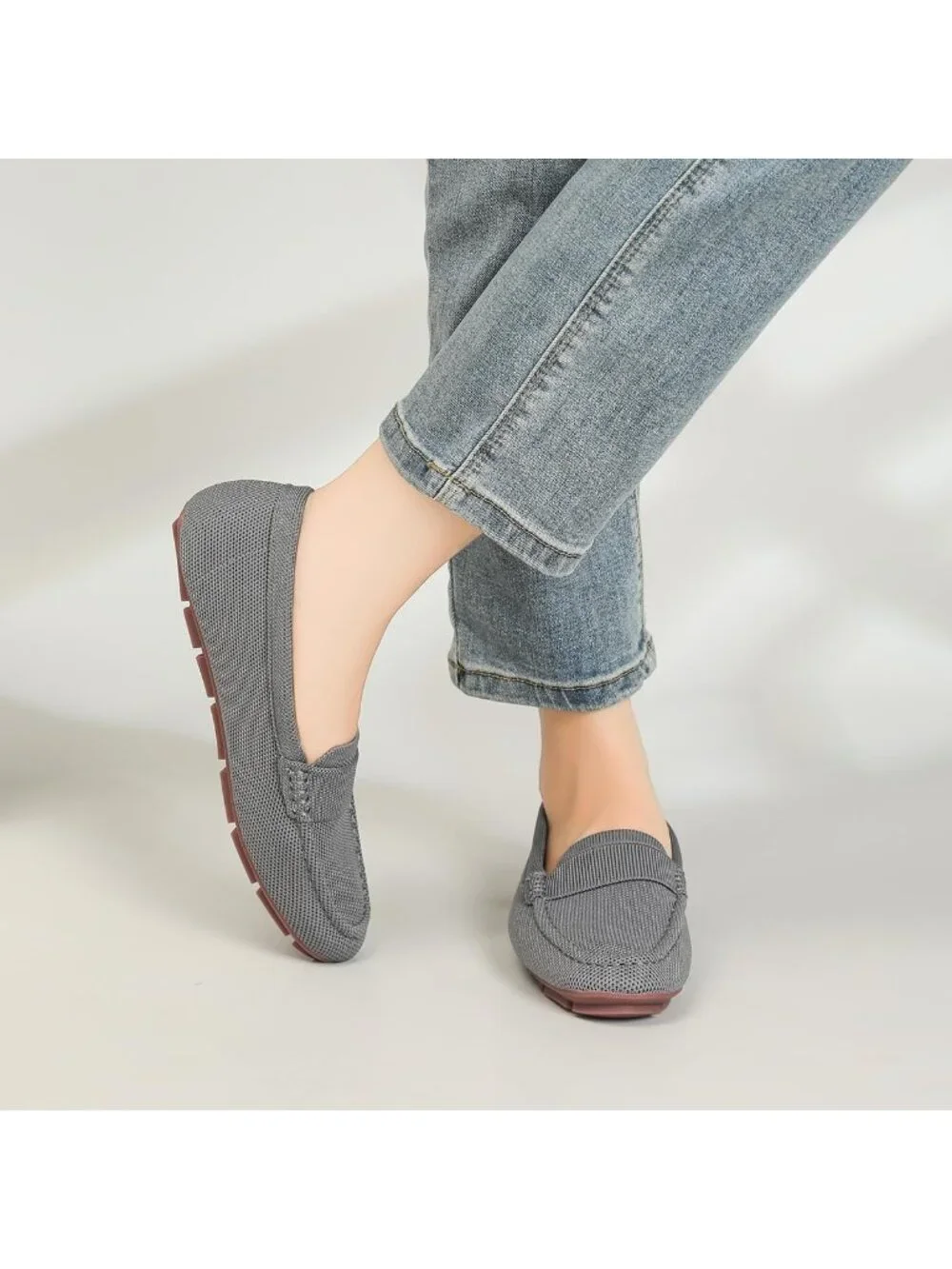 🆕Women's Dark Grey Lightweight Knitted Loafers Casual Flat Shoes Comfortable